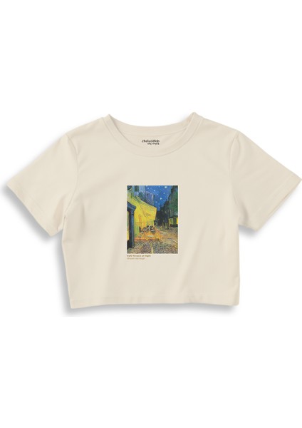 Café Terrace At Night Crop Tişört - Ekru