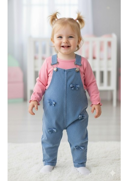 Fiyonklu Uzun Kollu Salopet Tulum Kız Bebek Çocuk 6-9 Ay, 9-12 Ay, 12-18 Ay, 18-24 Ay