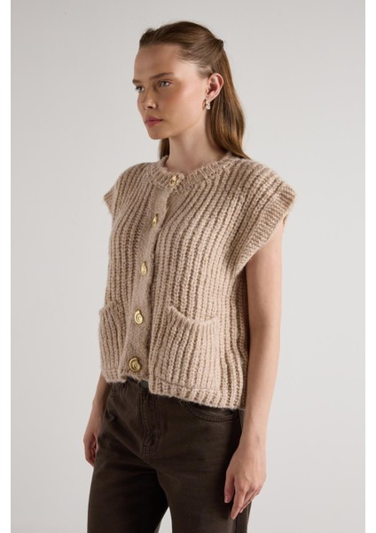 Kadın Vizon Saç Örgü Düğme Detaylı Triko Yelek 5584 modelleri