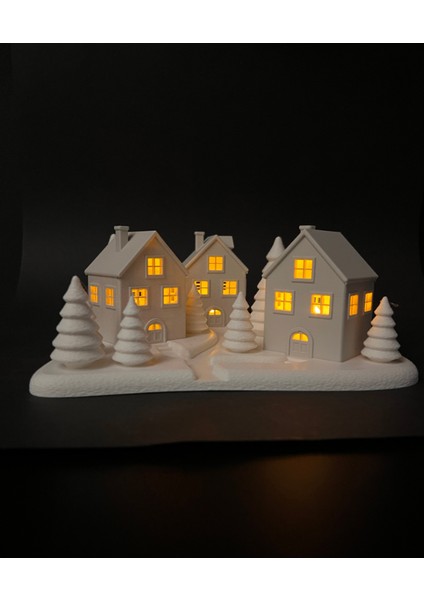 3D Baskı Işıklı Mini Köy Maketi | Dekoratif Gece Lambası | Modern Minimal Ev ve Masa Dekoru