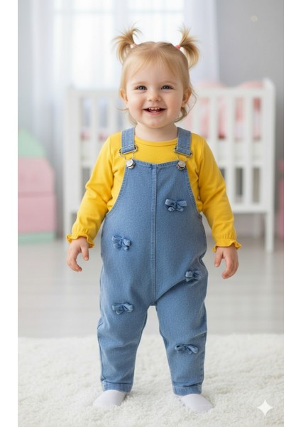 Fiyonklu Uzun Kollu Salopet Tulum Kız Bebek Çocuk 6-9 Ay, 9-12 Ay, 12-18 Ay, 18-24 Ay