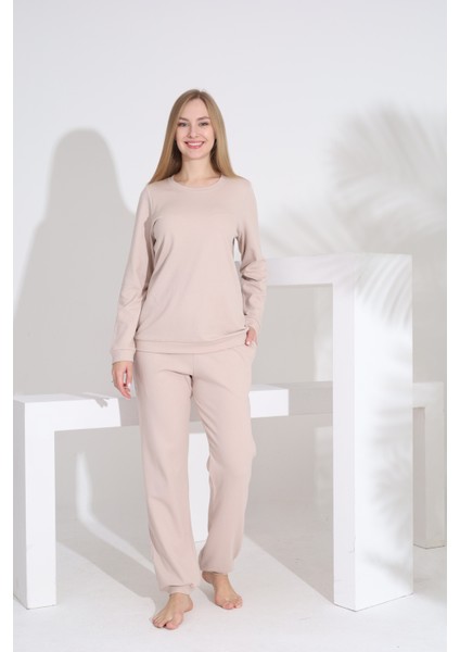 %100 Pamuk Petek Örgü Kumaş Uzun Kol Manşetli Cepli Kadın Pijama Takımı 98520