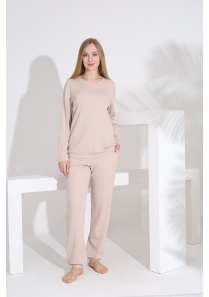 %100 Pamuk Petek Örgü Kumaş Uzun Kol Manşetli Cepli Kadın Pijama Takımı 98520 modelleri