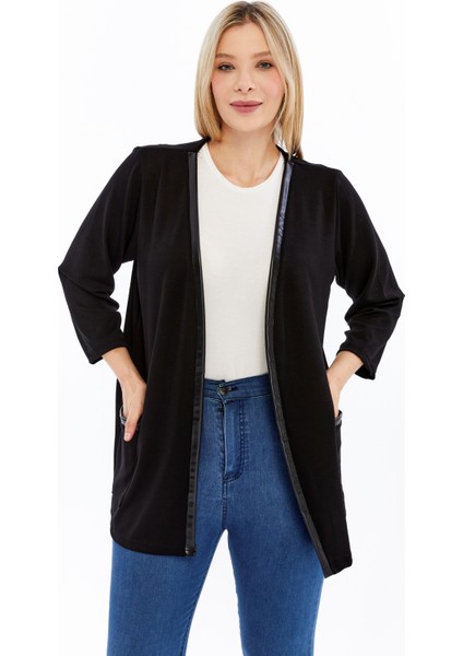 Büyük Beden Deri Garnili Cepli Yumuşak Dökümlü Kumaş Hırka