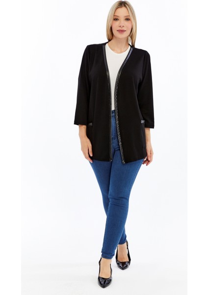 Büyük Beden Deri Garnili Cepli Yumuşak Dökümlü Kumaş Hırka fiyatları