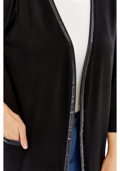 Büyük Beden Deri Garnili Cepli Yumuşak Dökümlü Kumaş Hırka modelleri