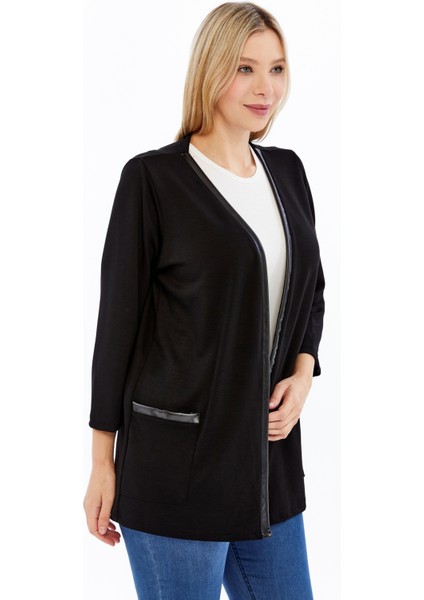 Büyük Beden Deri Garnili Cepli Yumuşak Dökümlü Kumaş Hırka fırsatları