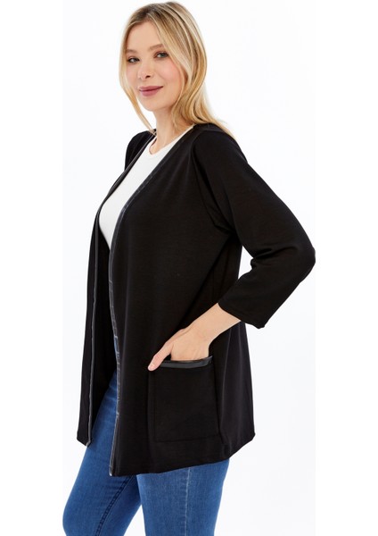 Büyük Beden Deri Garnili Cepli Yumuşak Dökümlü Kumaş Hırka indirimleri