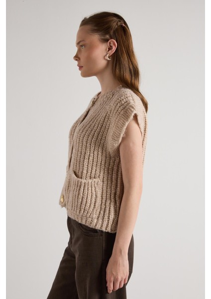 Kadın Vizon Saç Örgü Düğme Detaylı Triko Yelek 5584