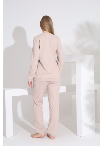 %100 Pamuk Petek Örgü Kumaş Uzun Kol Manşetli Cepli Kadın Pijama Takımı 98520 indirimleri