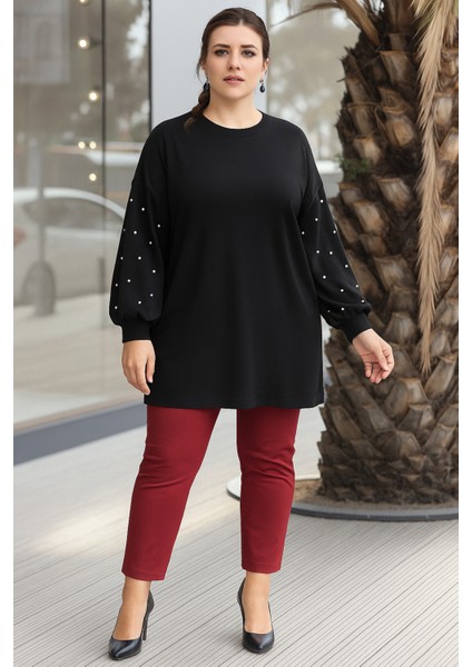 Büyük Beden Kolları Incili Balon Kol 2 Iplik Tunik