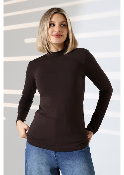 Yarım Balıkçı Kompakt Likralı Yaka Uzun Kol Bluz 19939 Kahve
