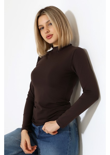 Yarım Balıkçı Kompakt Likralı Yaka Uzun Kol Bluz 19939 Kahve fiyatları