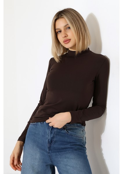 Yarım Balıkçı Kompakt Likralı Yaka Uzun Kol Bluz 19939 Kahve modelleri
