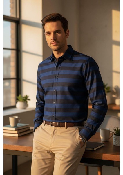 Klasik %100 Cotton Uzun Kollu Terletmeyen Kışlık Flanel Kumaş 2 Renkli Çizgili Gömlek (Regular Kalıp)