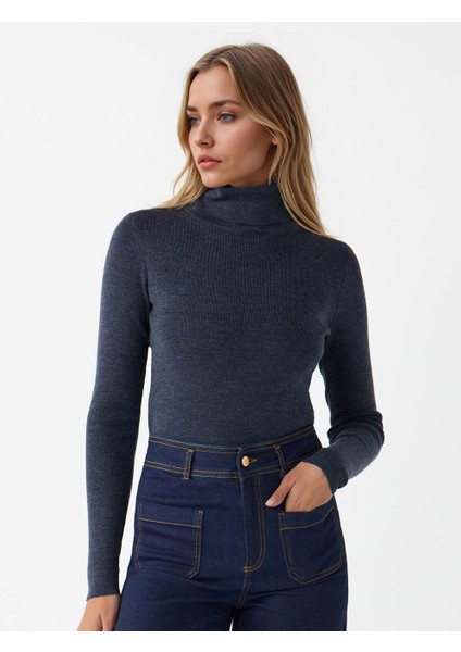 Antrasit Dar Kesim Balıkçı Yaka Yün Karışımlı Triko Kazak