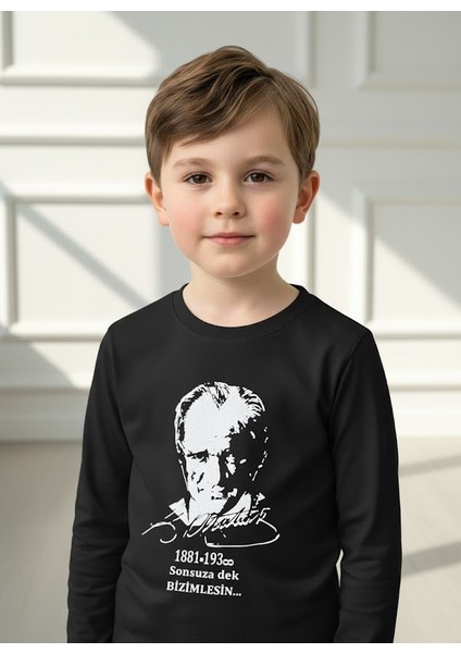 Siyah Uzun Kollu Atatürk Baskılı Unisex Çocuk Tişört T-Shirt Body