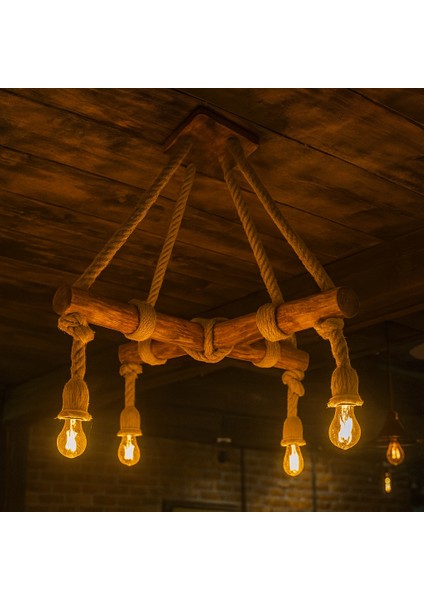 Rustik Halatlı Avize El Yapımı Dekoratif Aydınlatma Kafe Ofis Ev Için 4 Lü Ahşap Avize fiyatları