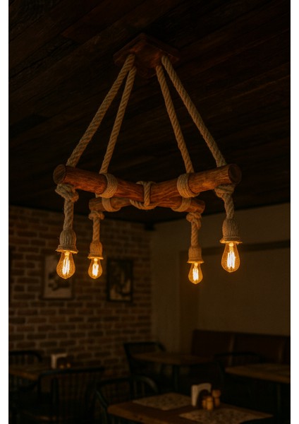 Rustik Halatlı Avize El Yapımı Dekoratif Aydınlatma Kafe Ofis Ev Için 4 Lü Ahşap Avize modelleri