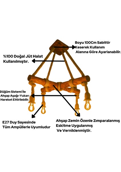 Rustik Halatlı Avize El Yapımı Dekoratif Aydınlatma Kafe Ofis Ev Için 4 Lü Ahşap Avize indirimleri