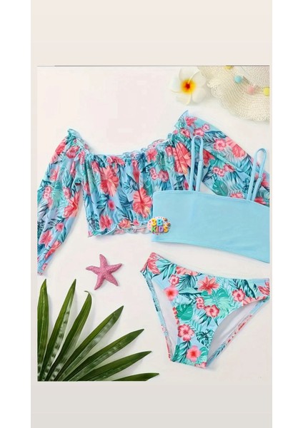 Mavi Çiçekli Bikini Mayo Büstiyer Bluz Takımı