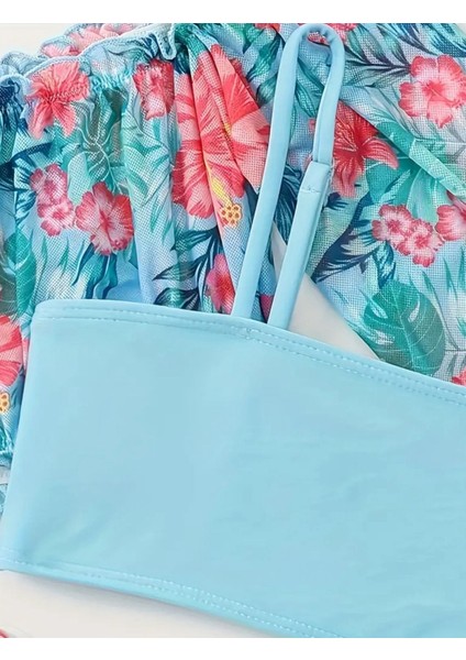 Mavi Çiçekli Bikini Mayo Büstiyer Bluz Takımı modelleri