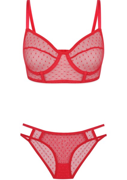 Kadın Kırmızı Puanlı Tül Sütyen Takımı