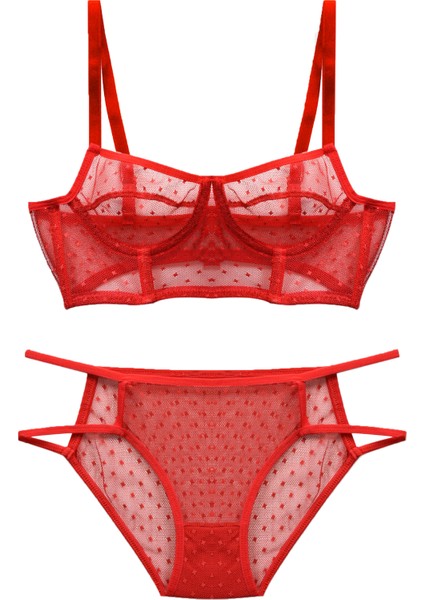 Kadın Kırmızı Puanlı Tül Sütyen Takımı modelleri