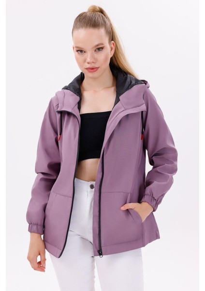 Kadın Su Geçirmez Rüzgar Geçirmez Kapüşonlu Yağmurluk Modern Tasarım Mor