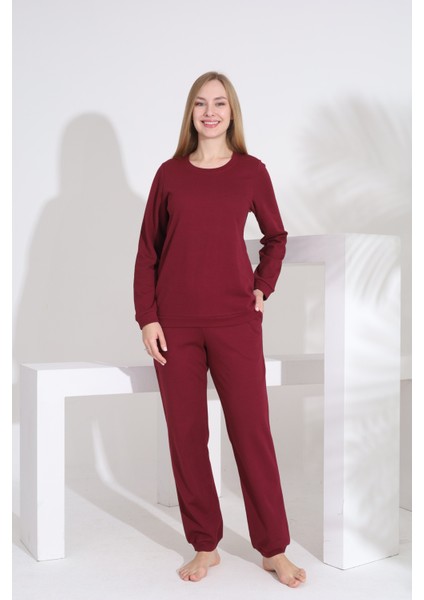 %100 Pamuk Petek Örgü Kumaş Uzun Kol Manşetli Cepli Kadın Pijama Takımı 98520