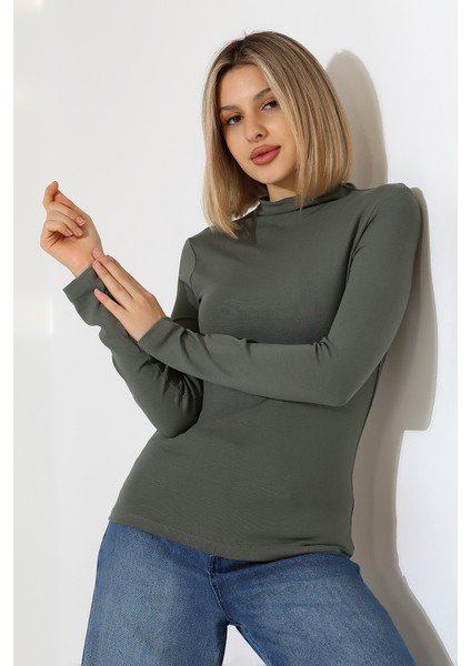 Uzun Kol Dik Yaka Basic Kadın Body T-Shirt 21950 Haki fiyatları