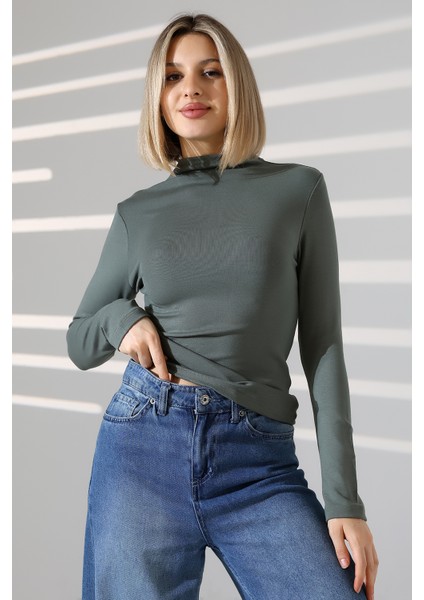 Uzun Kol Dik Yaka Basic Kadın Body T-Shirt 21950 Haki modelleri