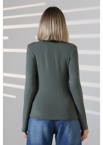 Uzun Kol Dik Yaka Basic Kadın Body T-Shirt 21950 Haki fırsatları