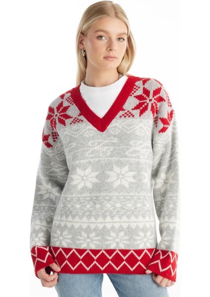 Bisiklet Yaka Standart Jakarlı Çok Renkli Kazak Kadın TBWRKW1022