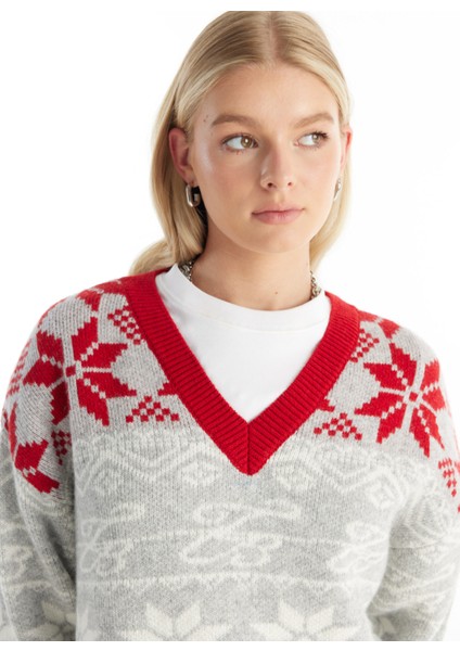 Bisiklet Yaka Standart Jakarlı Çok Renkli Kazak Kadın TBWRKW1022 indirimleri