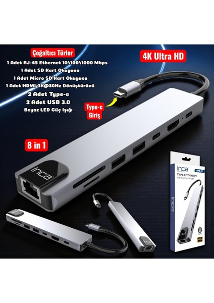 8 In1 4K Ultra Hd Type C USB 3.0 Hub HDMI RJ45 Sdtf Adaptör Çoklayıcı