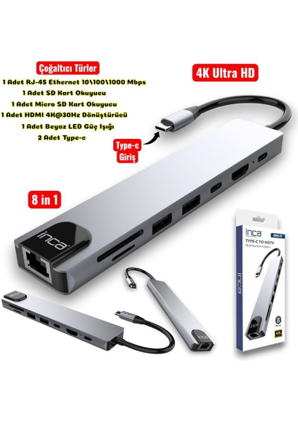 8 In1 4K Ultra Hd Type C USB 3.0 Hub HDMI RJ45 Sdtf Adaptör Çoklayıcı fiyatları