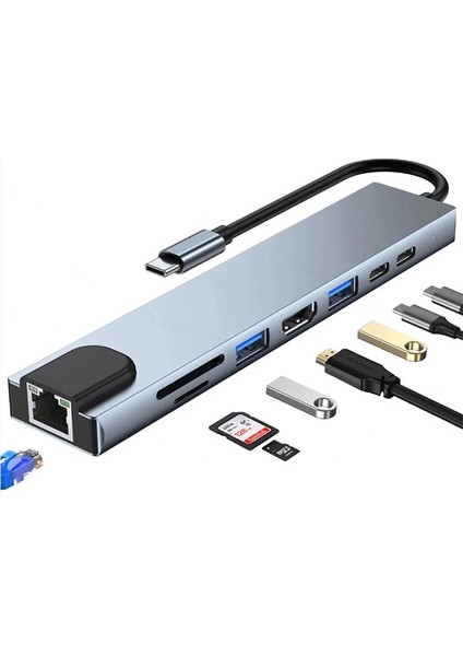 8 In1 4K Ultra Hd Type C USB 3.0 Hub HDMI RJ45 Sdtf Adaptör Çoklayıcı modelleri