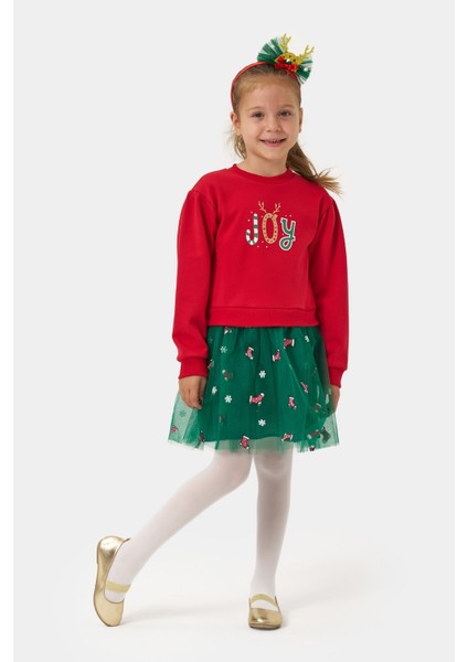 Kırmızı Joy Baskılı Tül Etekli Kız Çocuk Elbise - Fragile fiyatları