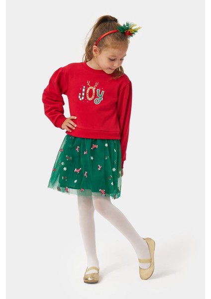 Kırmızı Joy Baskılı Tül Etekli Kız Çocuk Elbise - Fragile modelleri