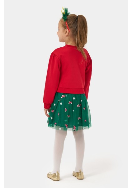 Kırmızı Joy Baskılı Tül Etekli Kız Çocuk Elbise - Fragile fırsatları