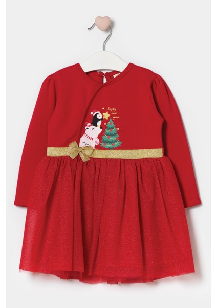 Kırmızı Çam Ağacı Baskılı Tül Etekli Kız Bebek Elbise - Betty