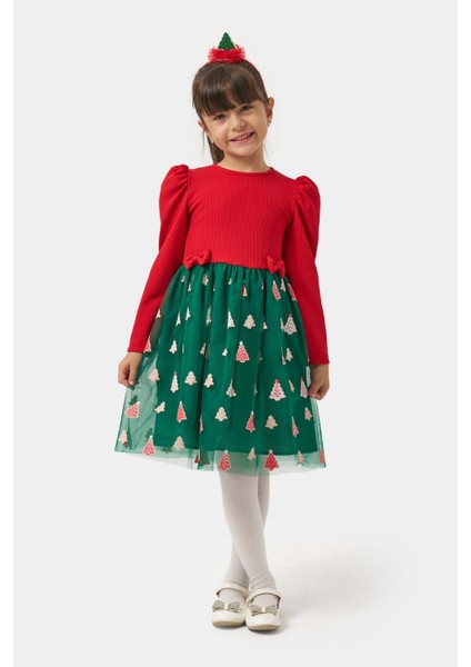 Yeşil Eteği Çam Ağaçlı Kız Çocuk Elbise - Nomi