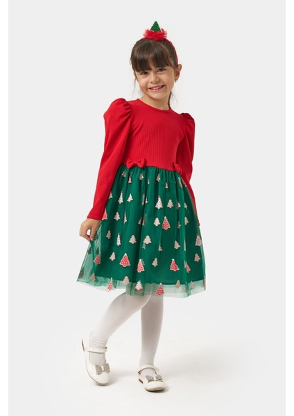 Yeşil Eteği Çam Ağaçlı Kız Çocuk Elbise - Nomi