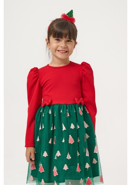 Yeşil Eteği Çam Ağaçlı Kız Çocuk Elbise - Nomi