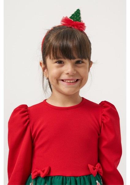 Yeşil Eteği Çam Ağaçlı Kız Çocuk Elbise - Nomi