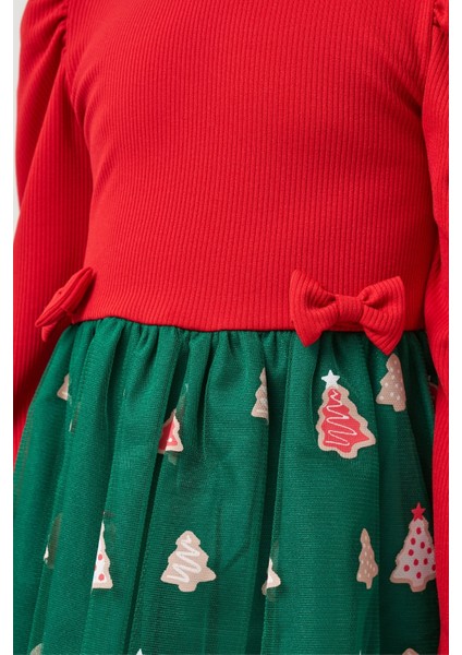 Yeşil Eteği Çam Ağaçlı Kız Çocuk Elbise - Nomi