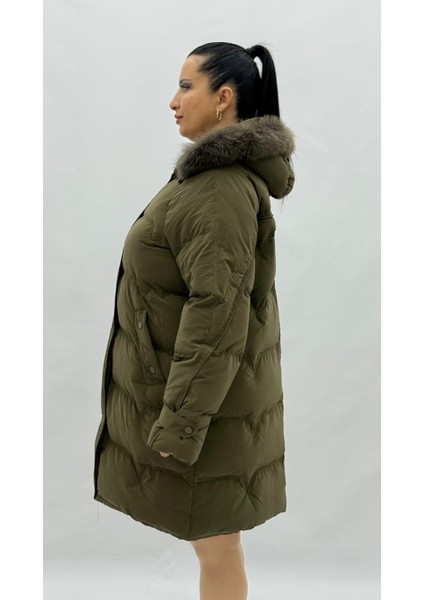 Büyük Beden Kürklü Kapüşonlu Dizaltı Kadın Kalın Şişme Kaban modelleri