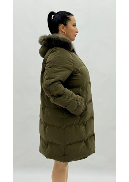 Büyük Beden Kürklü Kapüşonlu Dizaltı Kadın Kalın Şişme Kaban indirimleri