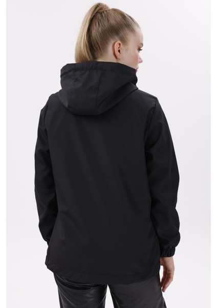 Kadın Siyah Rüzgara Dayanıklı Su Geçirmez Astarlı Kapüşonlu Yağmurluk - Rüzgarlık indirimleri